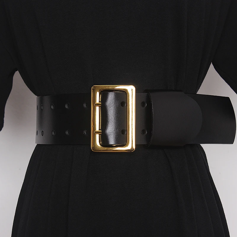 Super Wide 6cm Women Luxury Adjustable Wide Corset Genuine Leather Belt Double Eyelet Grommet Metal Buckle