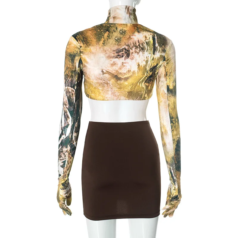 X17295C Sexy 2 Piece Sets Women Velvet Glove Full Sleeve Crop Tops and Ruched Hip Skirts Matching Winter Midnight Club Outfits
