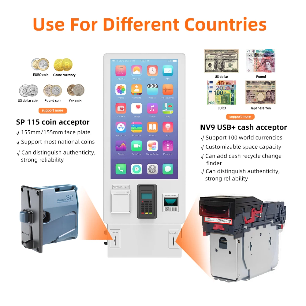 Multi-payment methods 27/32' flexible screen facial recognition scanner printer password keypad cashless payment self kiosks