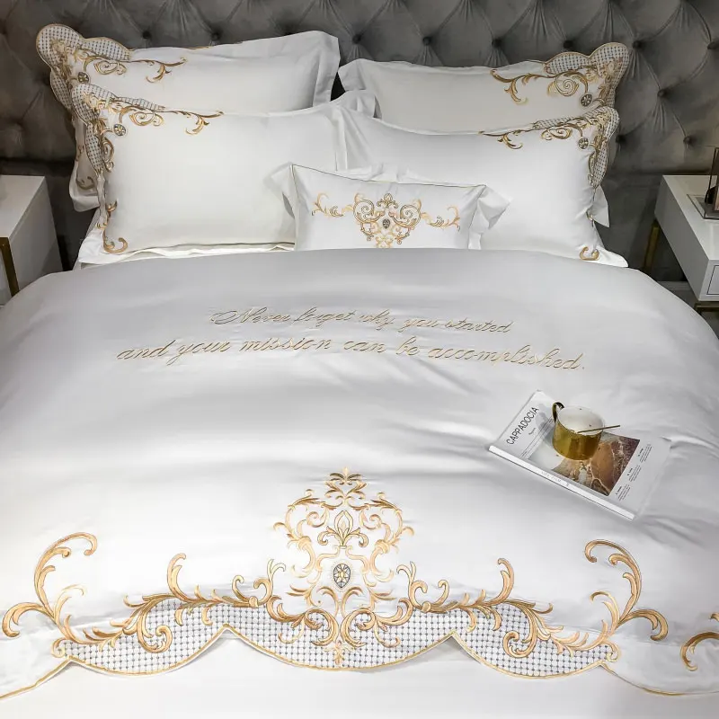 Luxury Exquisite embroidery design cotton king queensize bedding set bedsheetduvetcoversetbedsheetswholesale hotel white cotton