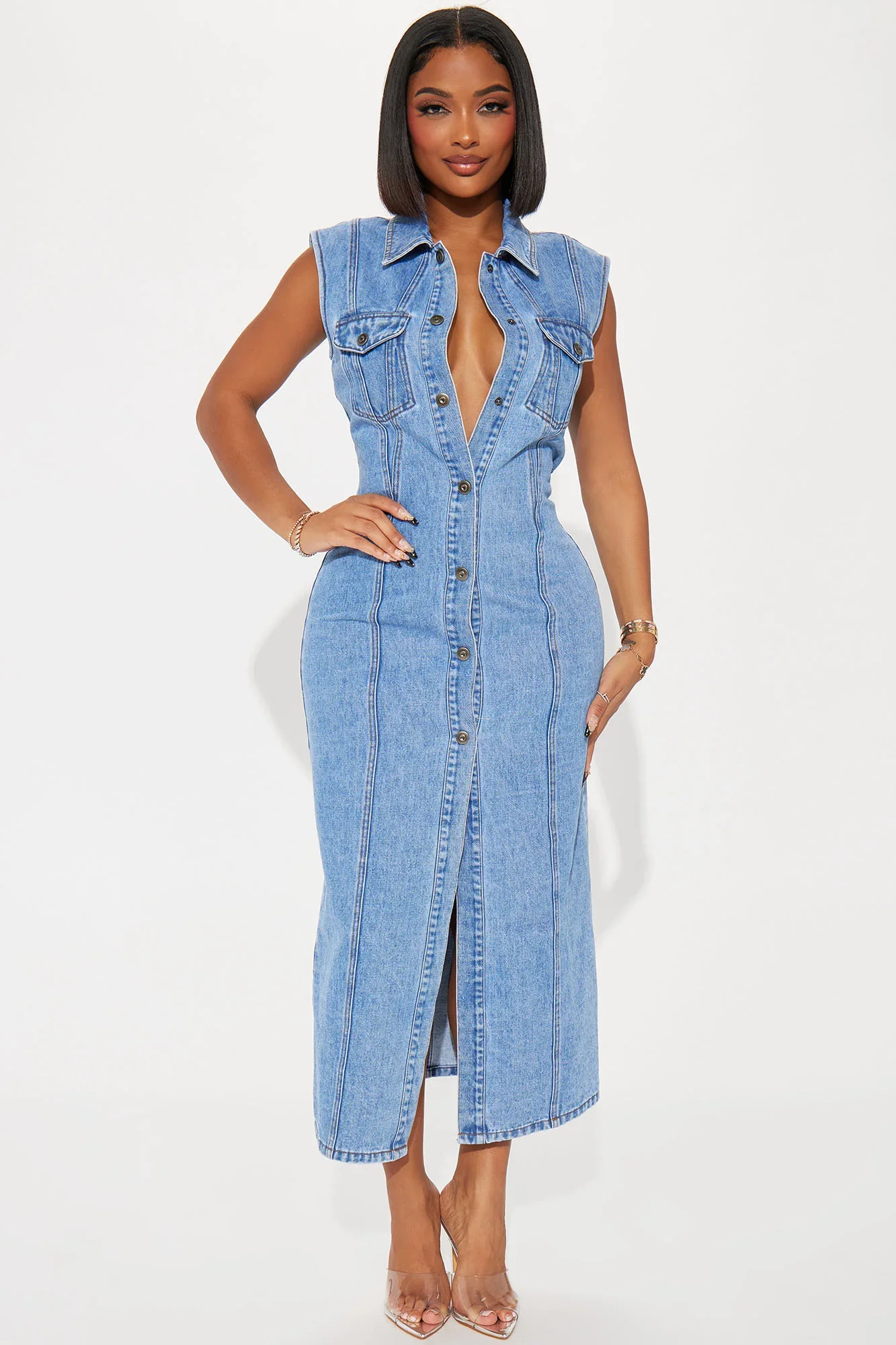 Custom fashion advanced wash denim sleeveless shirt version dress