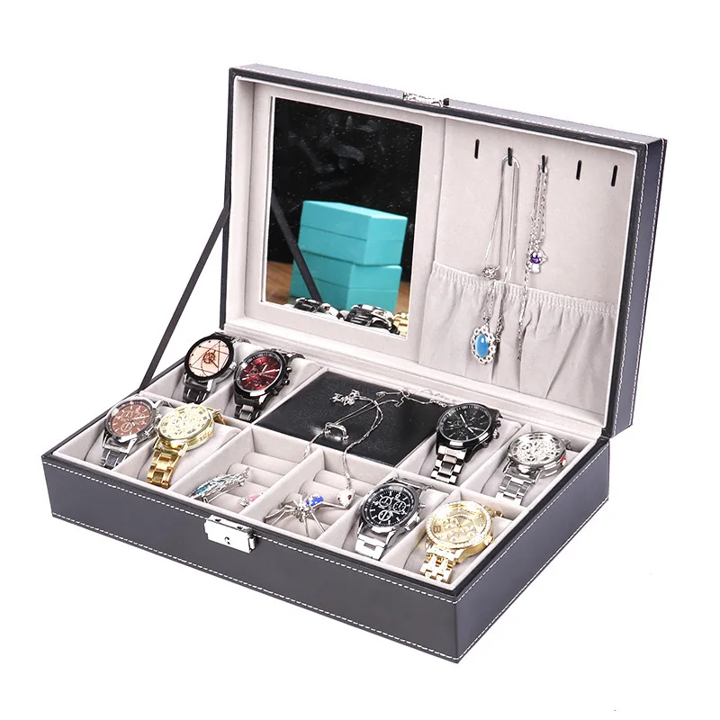 wholesale luxury pu leather watch jewelry organizer box custom logo black watch jewelry box with mirror