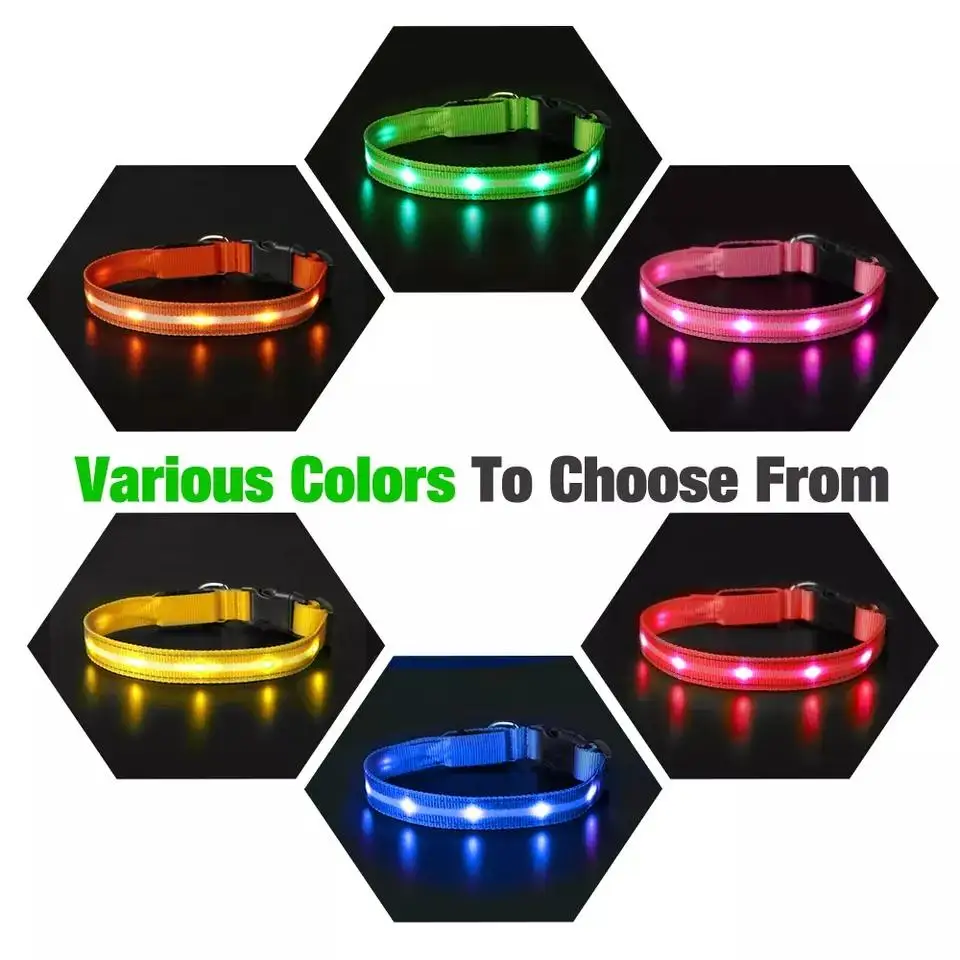 Pet Supplies custom private label  luxury Polyester reflective webbing Pet Dog Cat collars  light up flashing led dog collar
