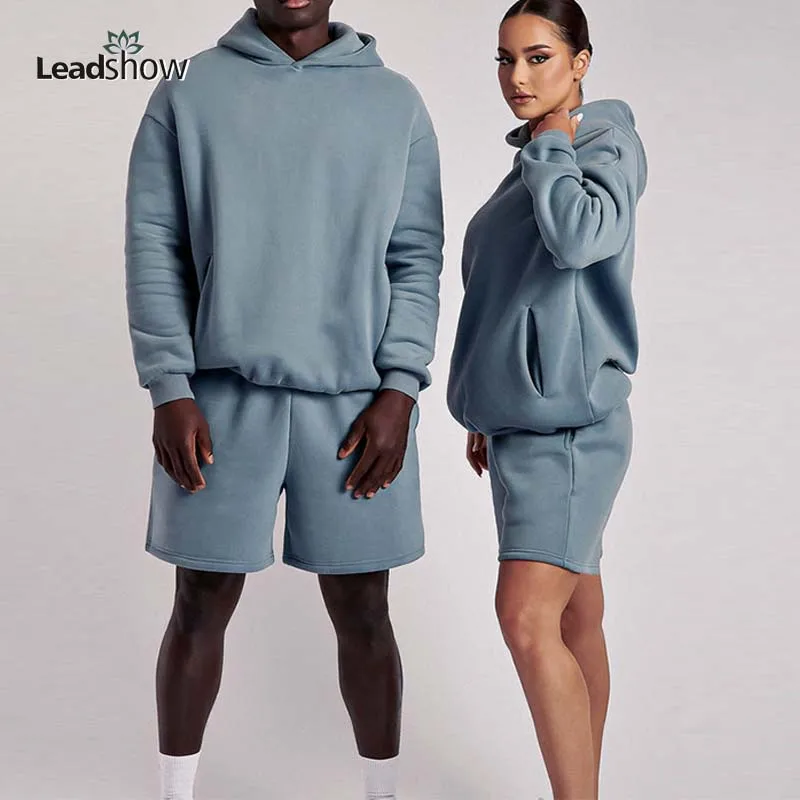 Wholesale Gym Plus Size Workout Tracksuit Organic Cotton Custom Logo Unisex Blank Clothing Hoodie Two Piece Shorts Sets Clothing