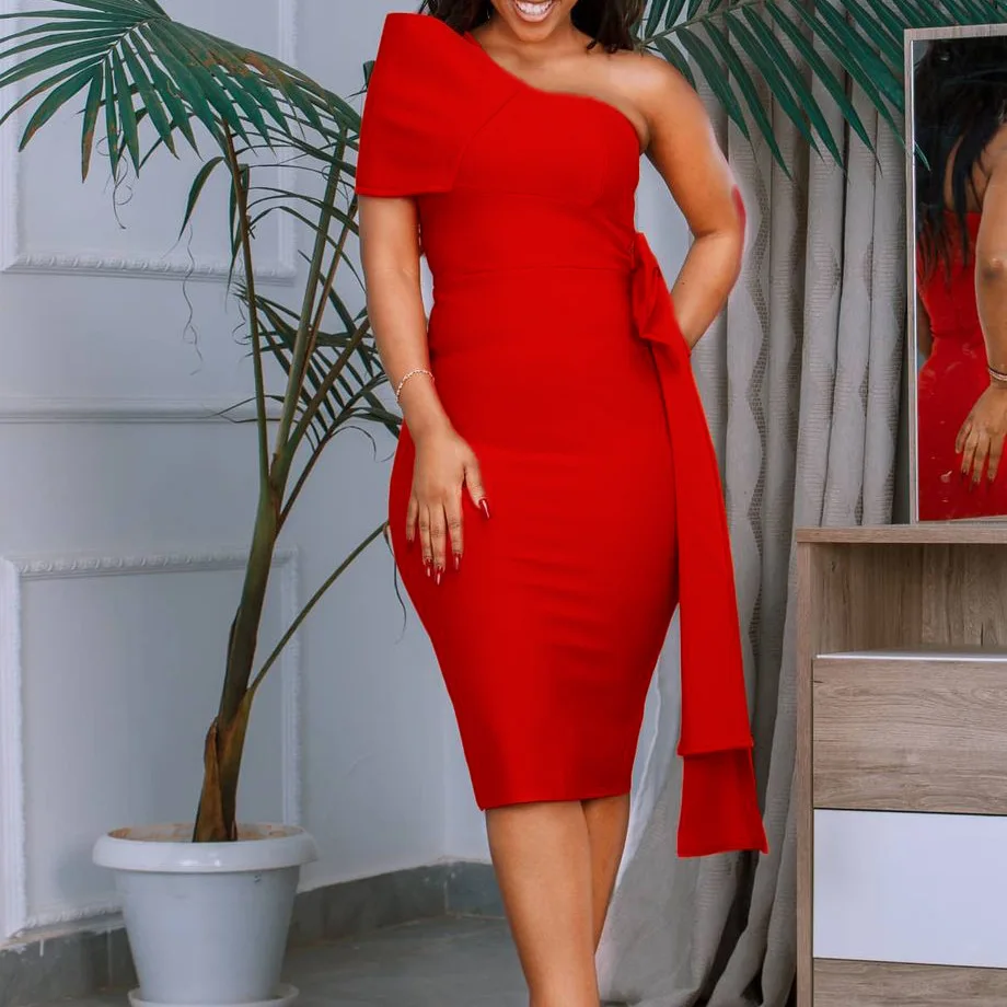 Liu Ming Fashion Women Elegant Solid Color One Shoulder Night Party Ladies Dress