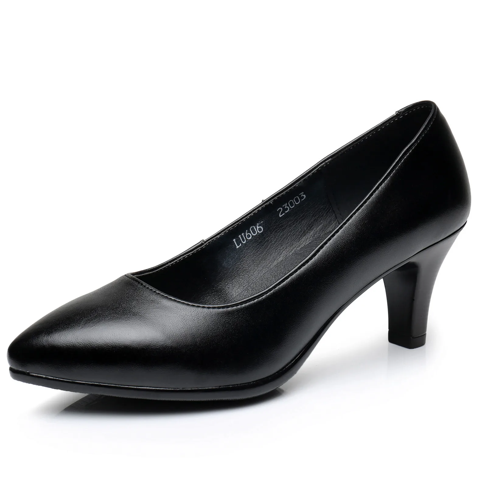 Wholesale point toe women black short heel ladies flat genuine leather black office formal dress shoes