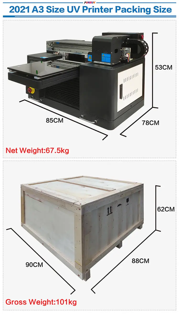 Funsun Factory Direct Wholesale A3 UV Flatbed Printer for Phone Case Cup Glass PVC Wood Leather
