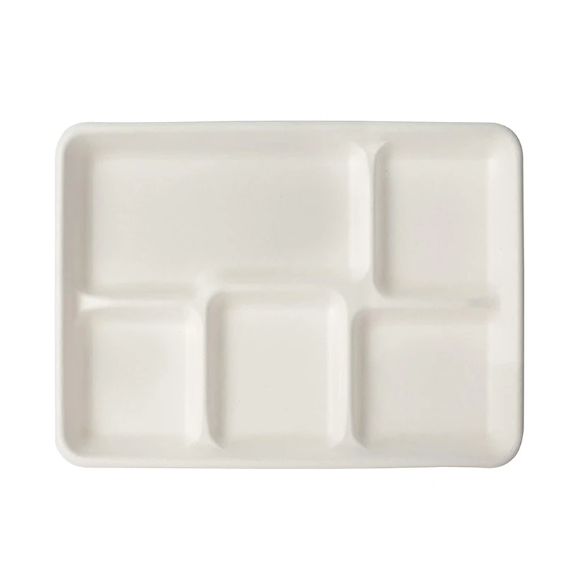 10.25inch 5 Compartment Biodegradable Sugarcane Bagasse Disposable Hospital School Lunch Paper Pulp Tray
