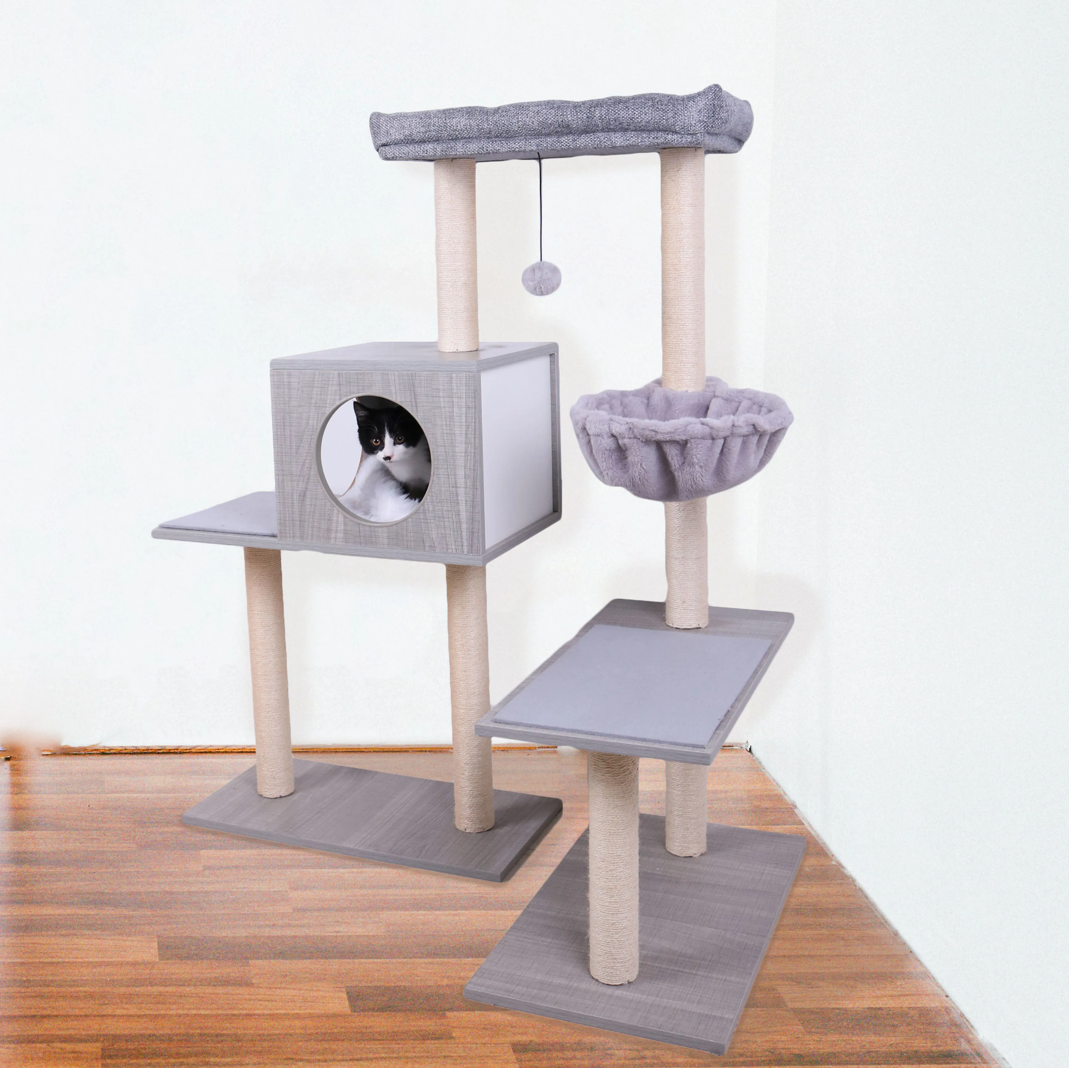 Amazon Top Seller  Wooden Cat Condo House Cat Climbing Scratching Tree Sisal Scratch Post Cat Tree