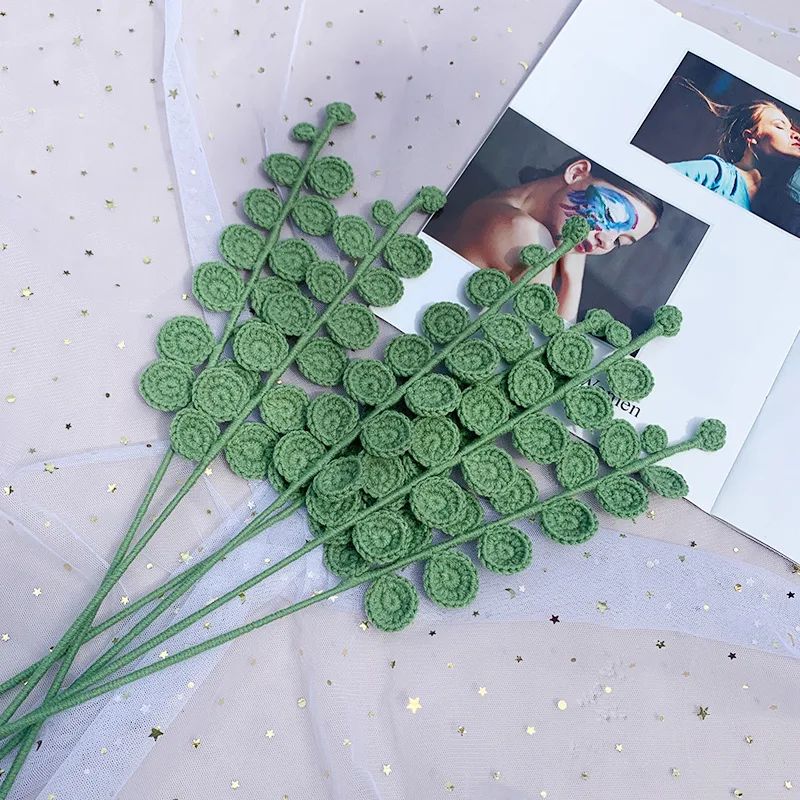 Floral Arrangement Handmade Knitted Greenery Plant Artificial Crochet Green Eucalyptus Leaves For Home Decoration