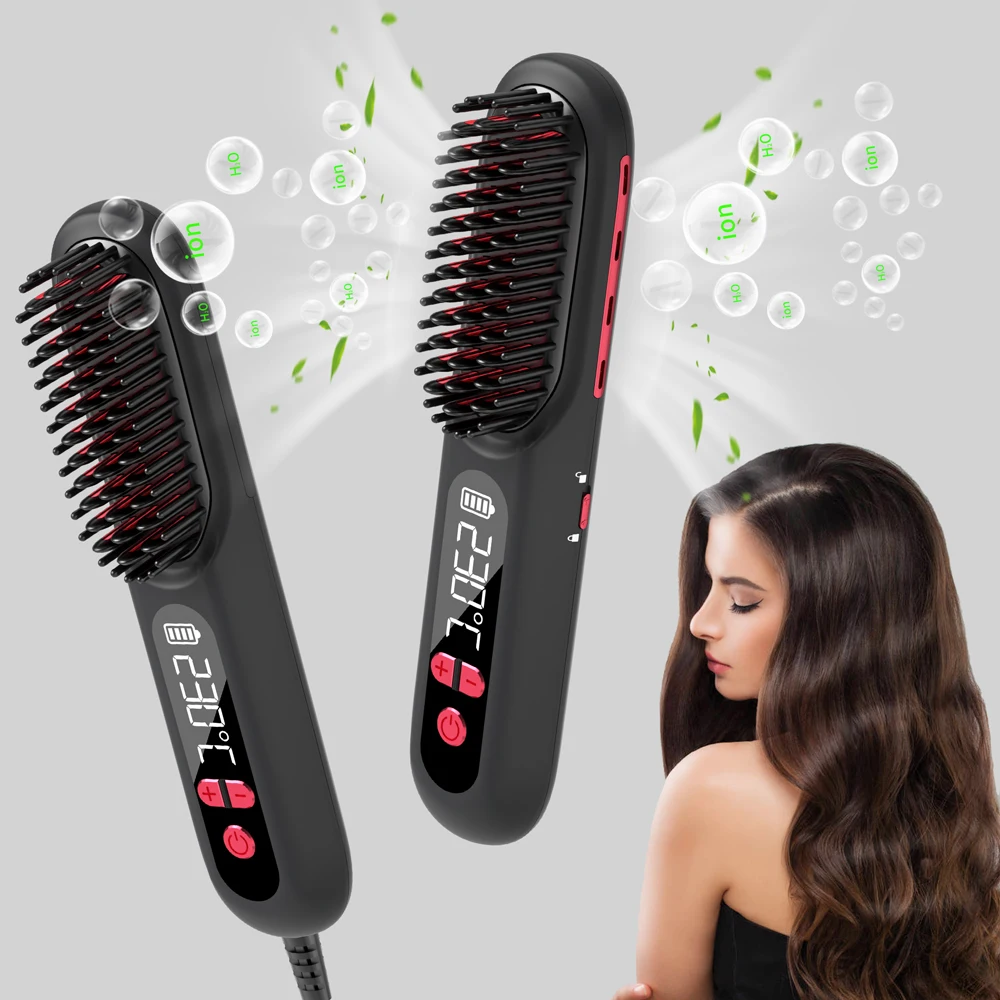 2 in 1 mini rechargeable professional portable wireless usb negative ion electric ceramic curling iron comb hair straightener