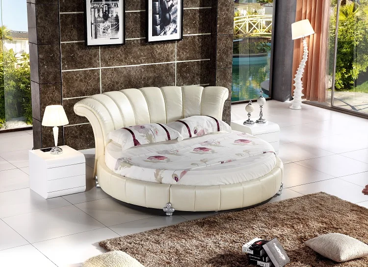Smart leather round bed big size white bed  leather bed furniture bedroom