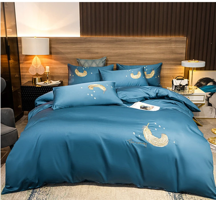 
Wholesale White Luxury 100% Cotton Embroidery Satin Bedding Set 4 Piece 