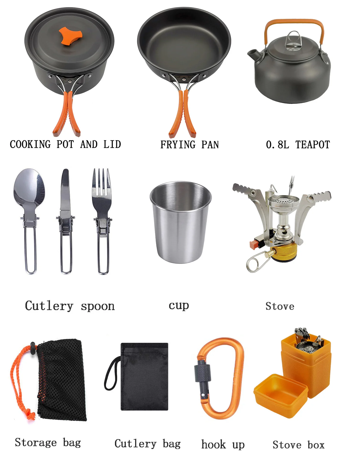 Hot Selling  9 in 1 Portable Kettle Cooker Combination Outdoor Camping Tableware Cooking Set With Accessories