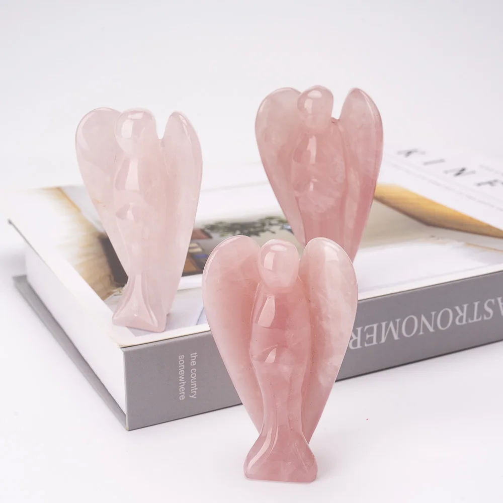 BZ JADE TIFA Wholesale Crystal fine carving 3-inch Angel crafts Pink color Rose Quartz Angel Statue handmade Statue for Gifts