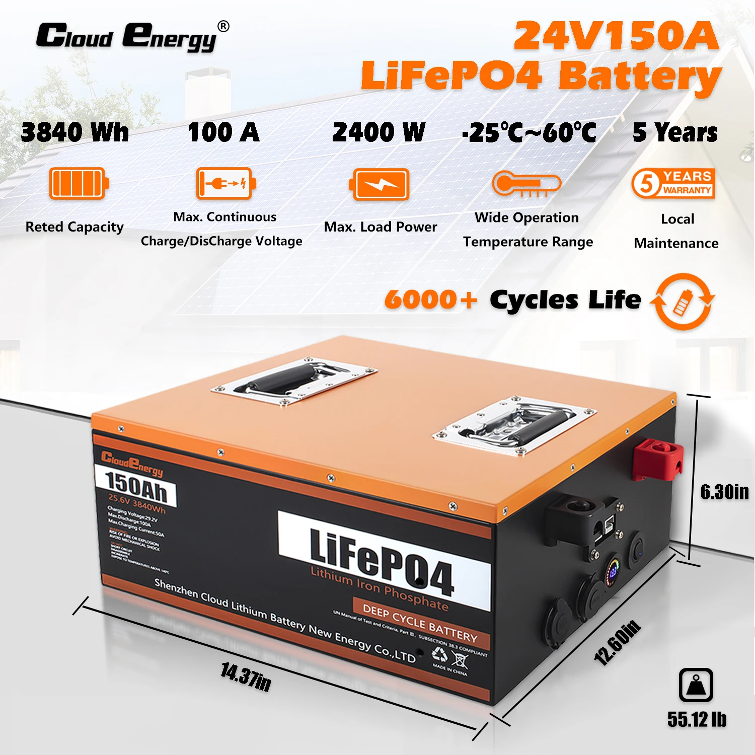 Cloud Energy 24v 100ah 150ah lifepo4 battery for solar systems rv car lithium lethium deep cycle lipo4 battery