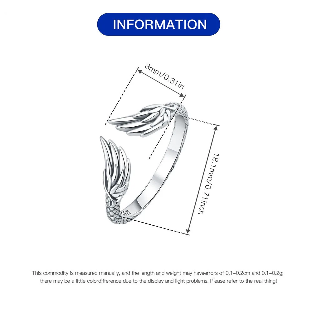 Classic Vintage Plain Sterling Silver Rings 925 Sterling Silver Engraved Angel Wings Open Adjustable Ring