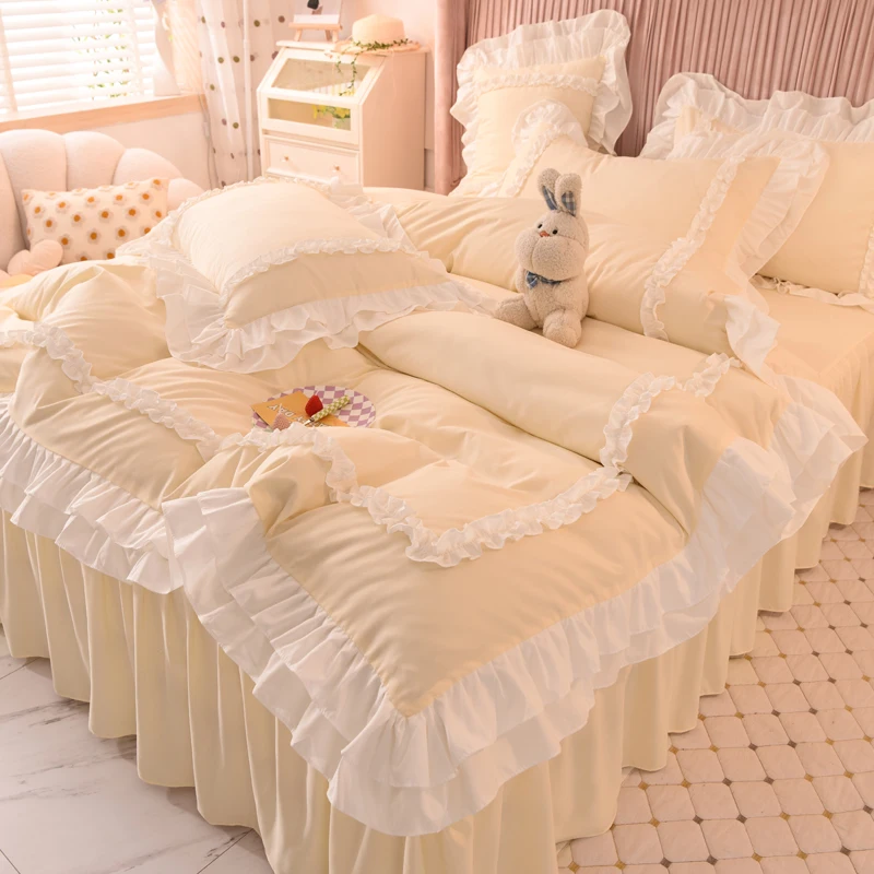 Romantic pink Duvet Cover Set with Bed Skirt Lace Ruffle Chic Bedding Sets Queen 4 Piece bed sheets sets duvet cover 100% cotton