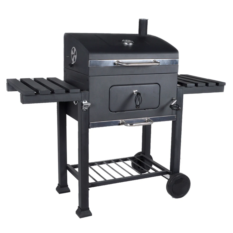 Garden Square Trolley Cast Iron Barbeque Grill Smoker Charcoal Barbecue BBQ Grill With Chimney