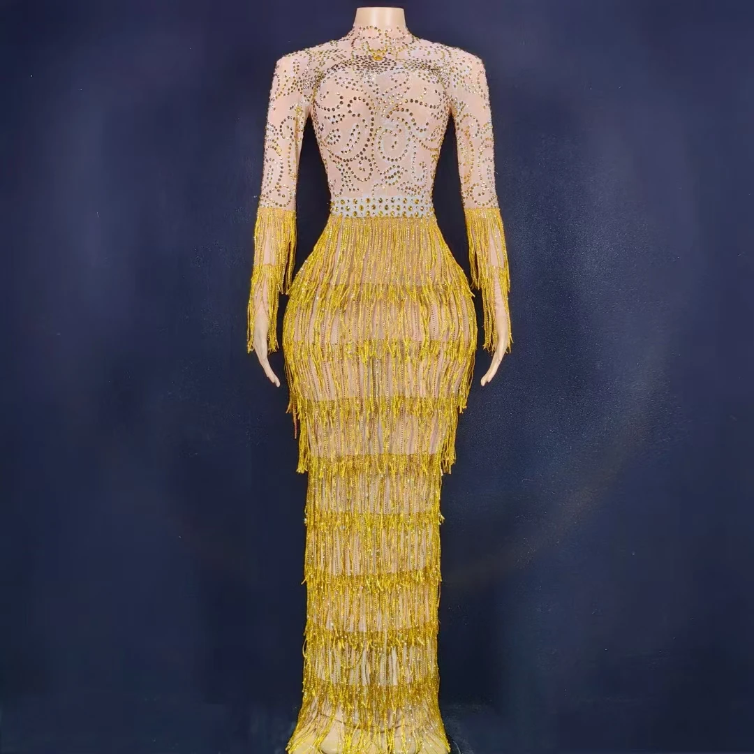 Elegant New Ball Gown Diamond Fringe Long Sexy Chiffon Sheer Dress Rhinestones Beading Feathers Parties Plus Size Maxi Length