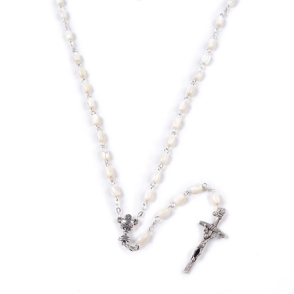 Catholic Natural Shell Beads Rosaries Holy Cup Rosary Centerpiece Cross Jewelry Necklace
