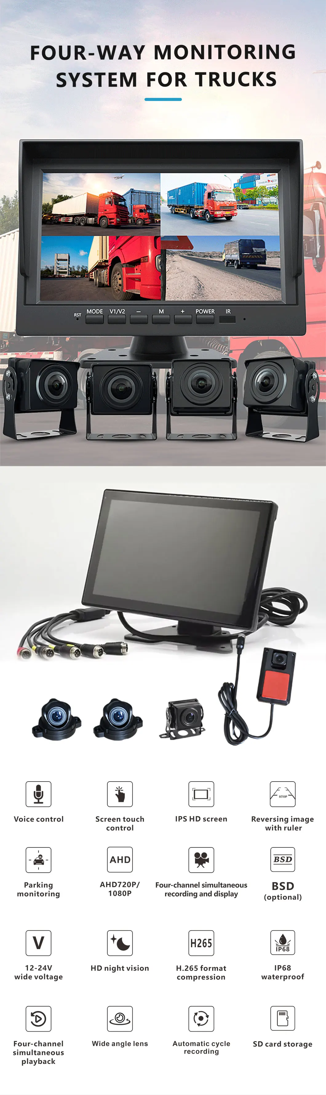 Wemaer Factory OEM Blind Spot Monitoring System Truck SUV RR 5Th Wheel Bus Motorhome Trailers Reversing LCD 7 Inch Car Monitor