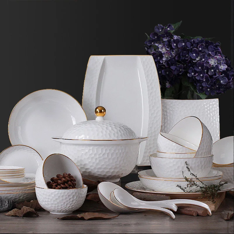 High Quality bowls and plates ceramic Bone China White and Emboss Dinner Set with Gold Rim