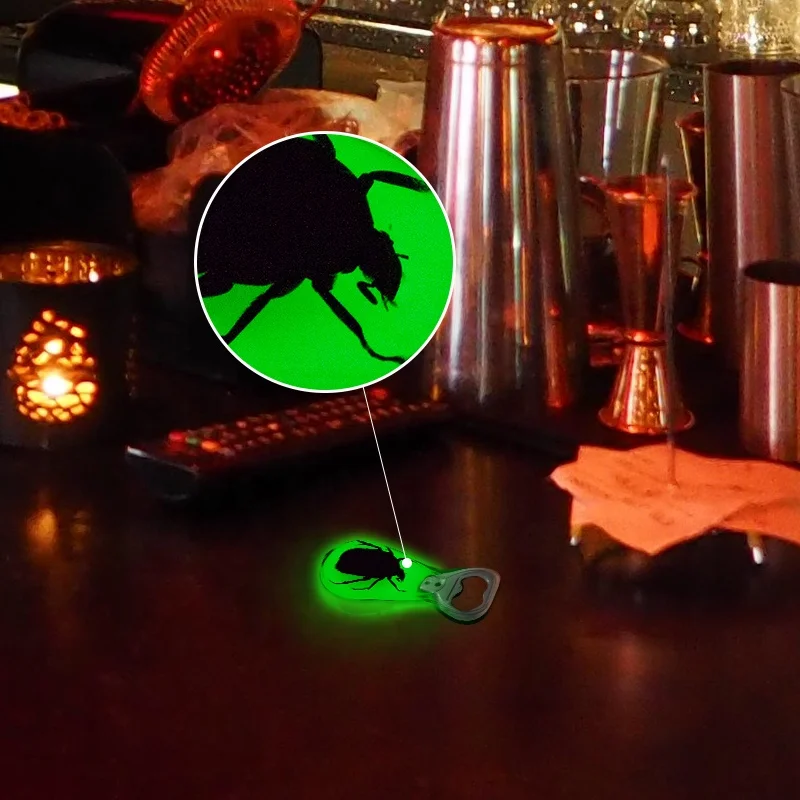 New Design Whole Sale in Bulk Glow Dark Natural Dried Beetle Insects Bugs Resin Handle Beer Bottle Opener