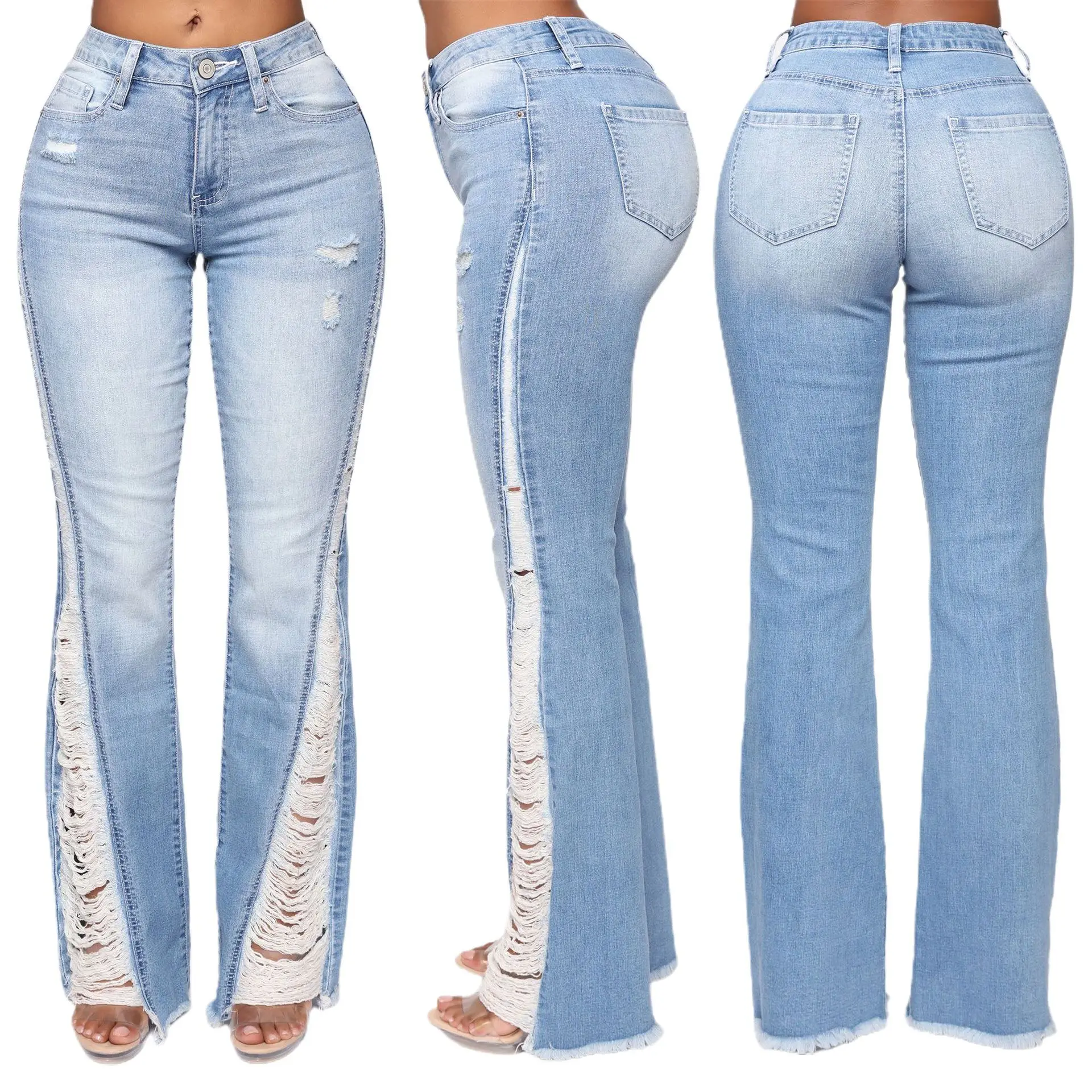 Ladies Plus Size Slim Fit Pants Stretch High Waist Fringe Lady Pants Ladies Denim Jeans Femme Pants Skinny ripped jeans women