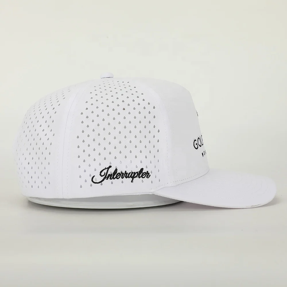 Wholesale Custom 5 Panel Outdoor Sport Hat High Quality Embroidery Logo White Polyester Golf Gorras Laser Cut Hole Baseball Cap