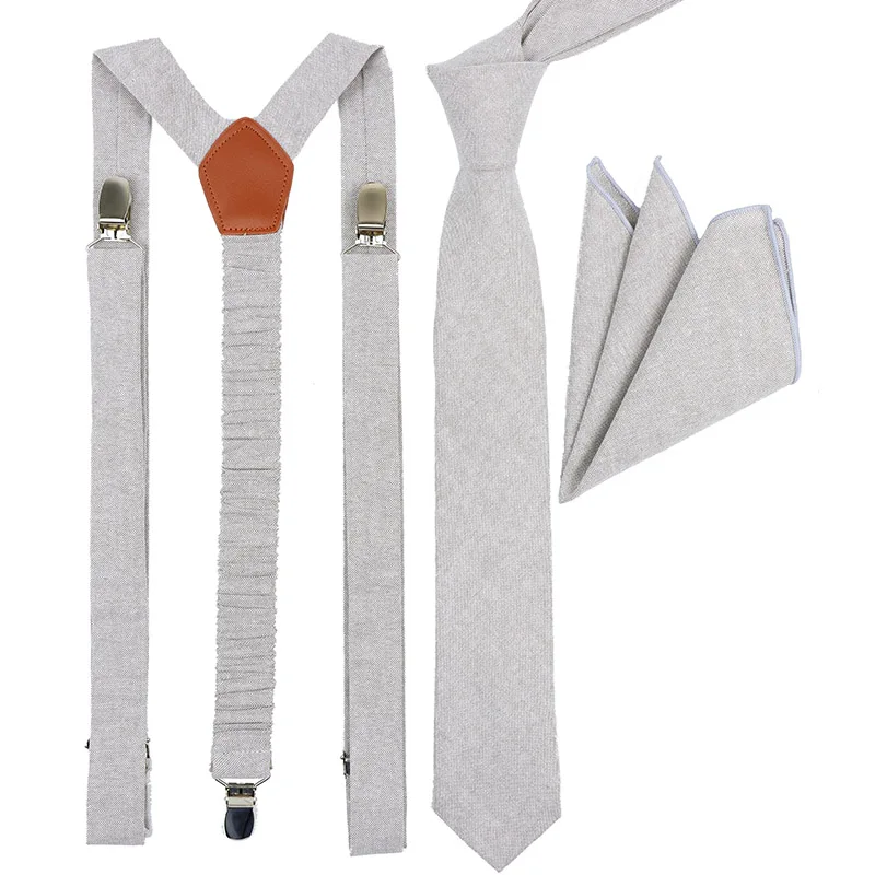 Peach Blue Lavender Solid Cotton 2.5cm Suspender 6cm Necktie Set Men Cravat Brace Hankie Adjustable Strap Wedding Accessory Gift