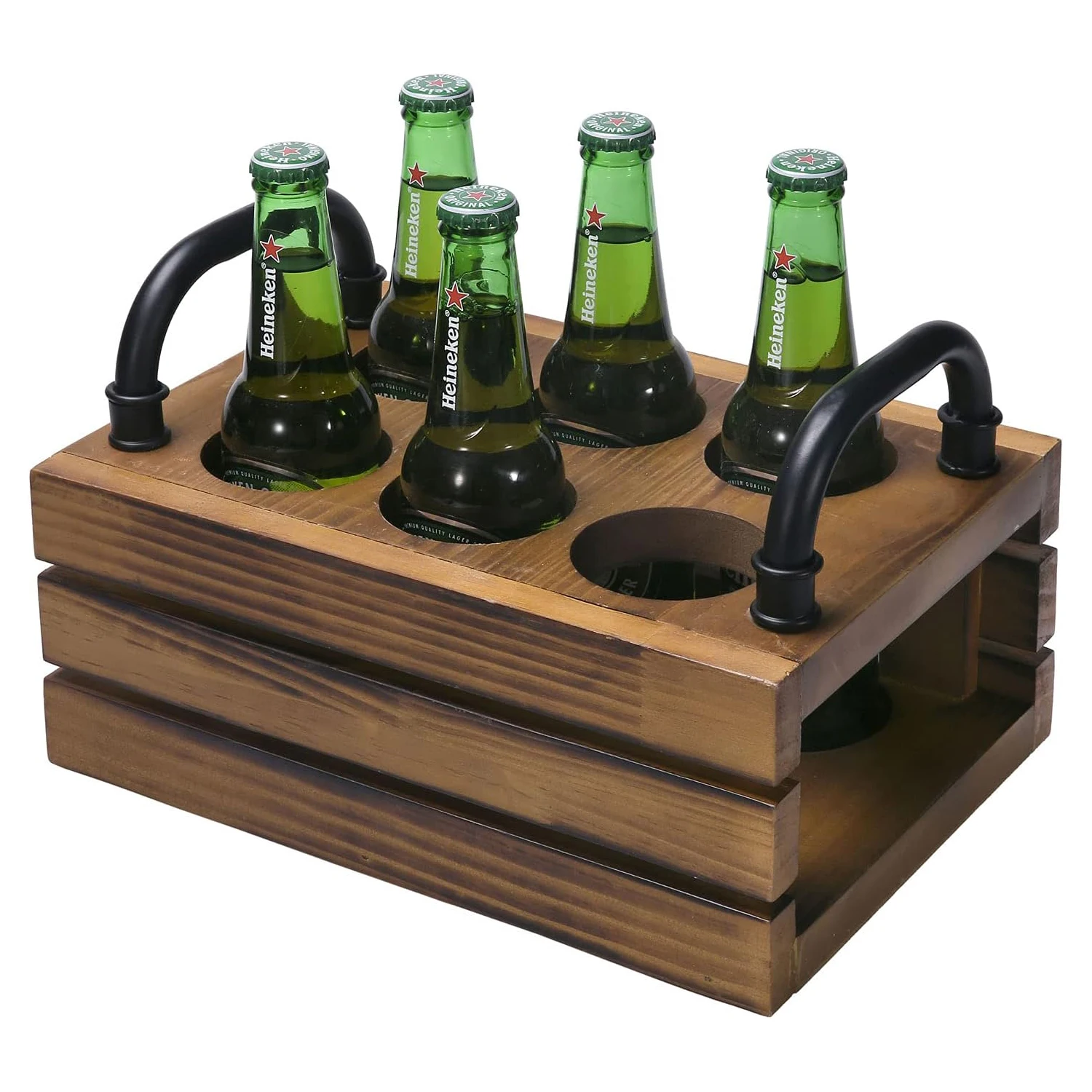 6 Sot Rustic  Wood Beer Bottle Crate Wooden Beverage Carrier Server Caddy with Black Metal Handles
