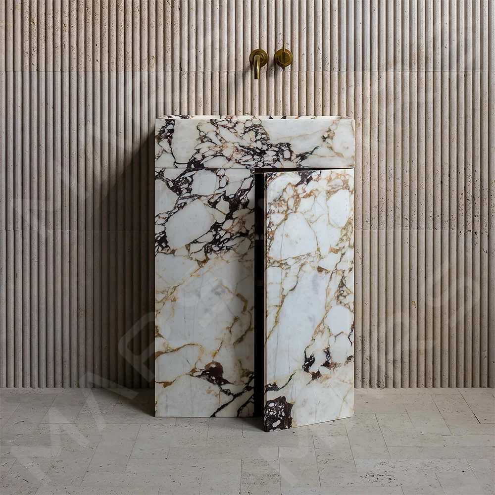 Luxury Modern Calacatta Viola Marble Freestanding Vanity With Marble Basin And Drawer Marble Bathroom Cabinet Sink