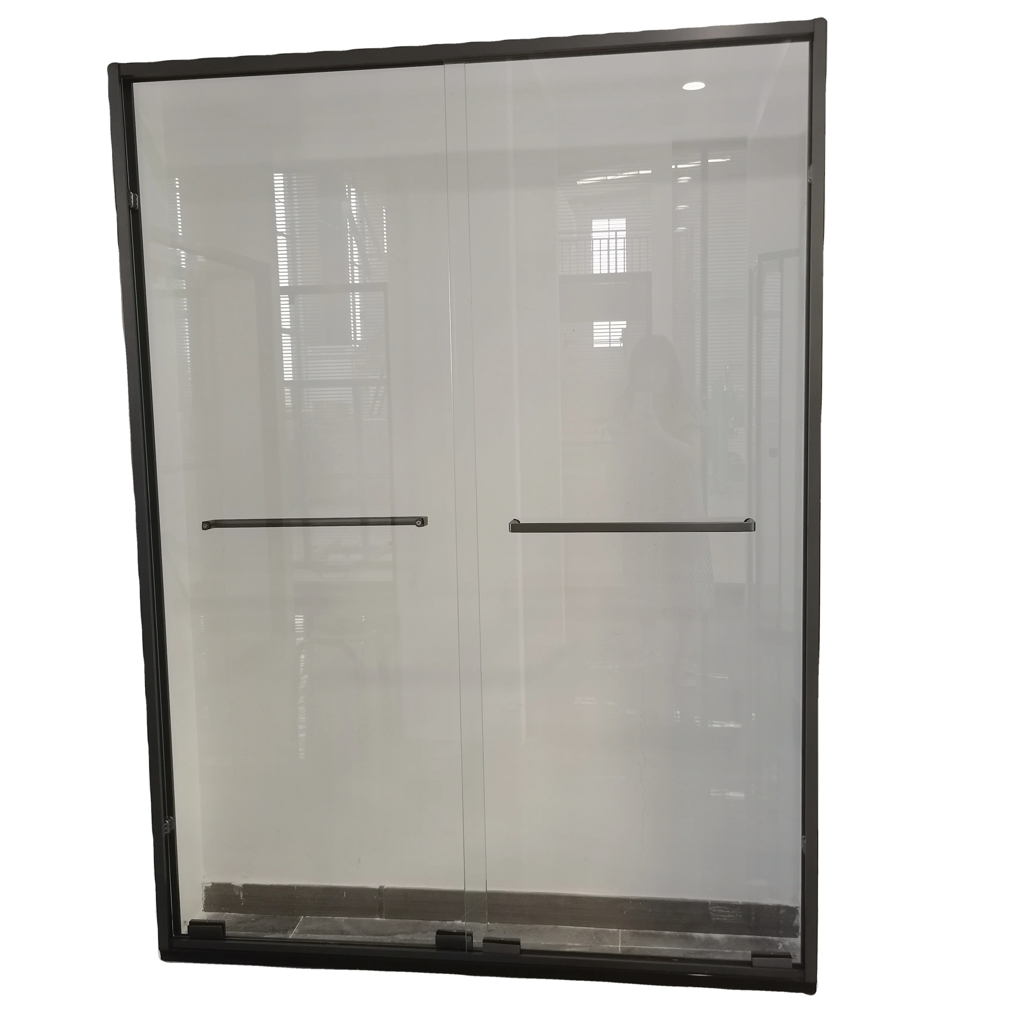 Gun grey stainless steel frame double tempered fiberglass set sliding shower door