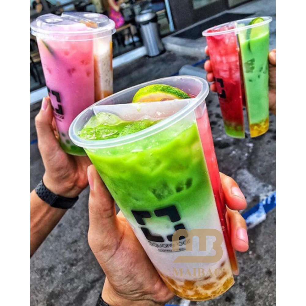 custom eco friendly disposable transparent recyclable Blister bubble boba milk tea coffee pp divider split twins plastic cup