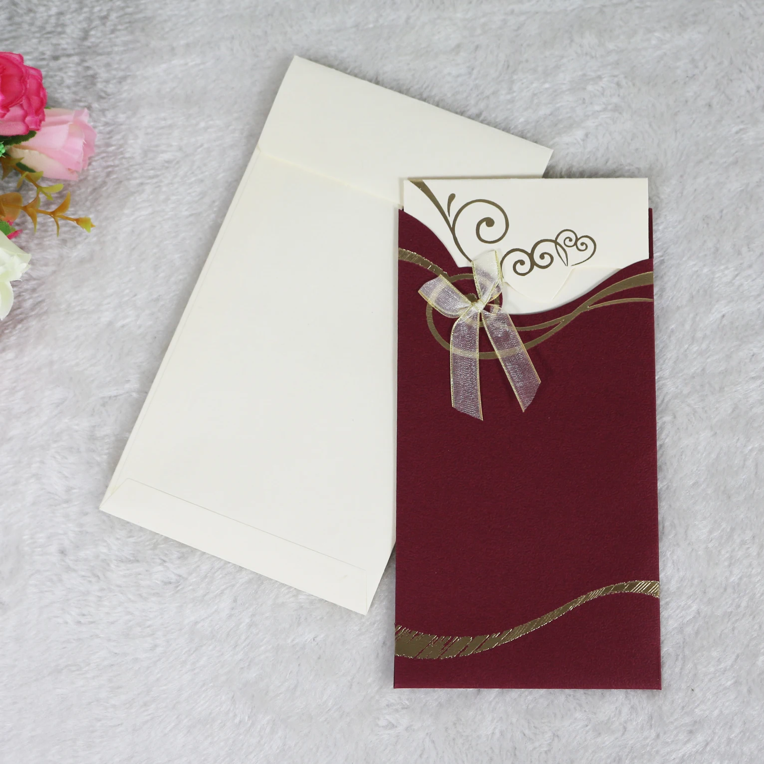 Wholesale Cheap Price Gold Foiling Wine Red Pocket African Vintage Wedding Invitation Set With Ribbon Bow