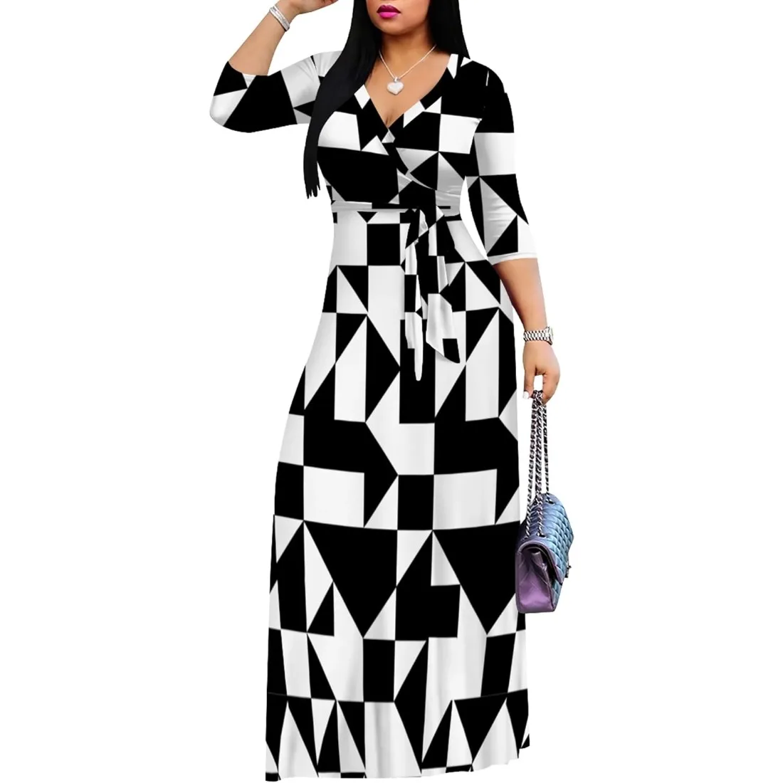 Plus Size Summer Dress for Women Boho Floral Maxi Dress 3/4 Sleeve Boho Beach Sexy Hawaiian Wrap Elegant Dress Vacation Outfits