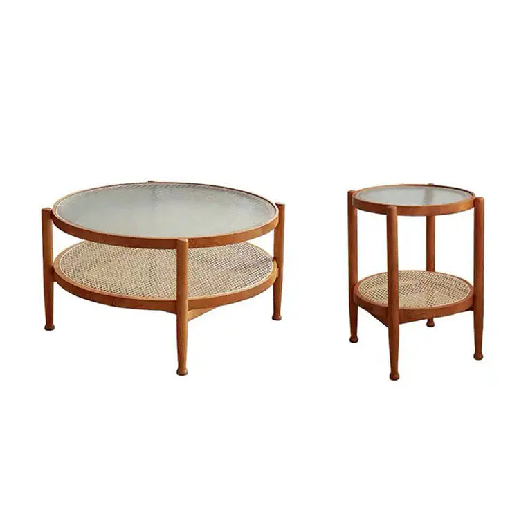 Outdoor tempered glass coffee table living room wooden rattan side table Interior furniture