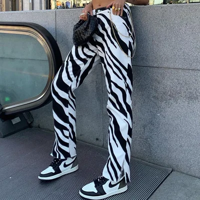 2021 New Fashion Zebra Print Streetwear Low Waist Button Hip Hop Pants Women
