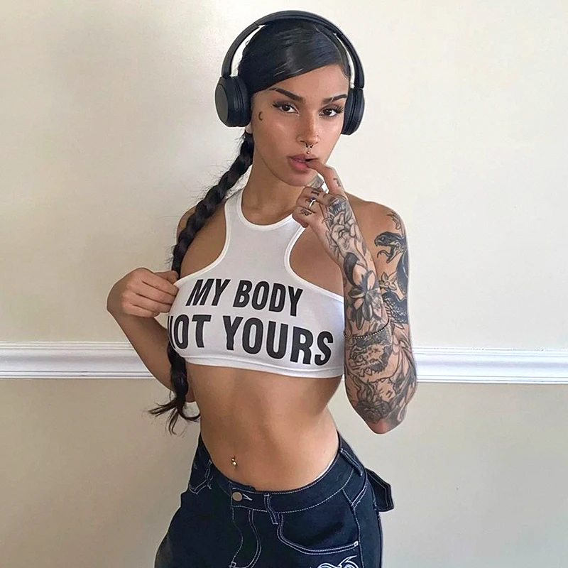 Ultra Short Crop Top for Women Personalized Street Letter Print Casual Breathable Knitted Fabric Quick Dry with Exposed Navel