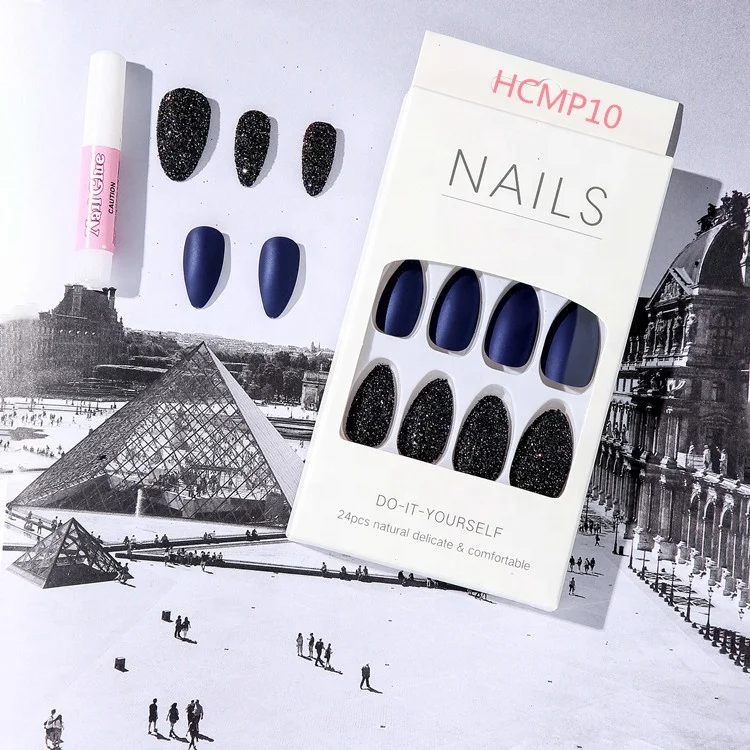 High Quality Almond tip Coffin Solid Color Glitter nail press on stick on nails acrylic