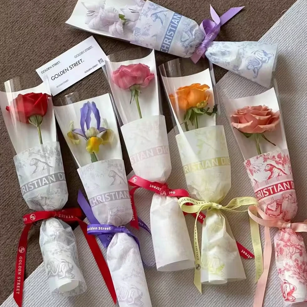 Luxury brands designer single rose floral gifts bag packaging waterproof clear OPP paper flower sleeves for cut flowers