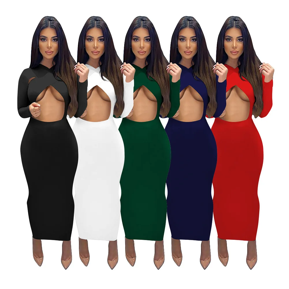 Think 2021 Fall Elegant Casual Dresses Long sleeves tight dress crop tops hollowed out Knit Bodycon Tight Pencil Maxi Dress
