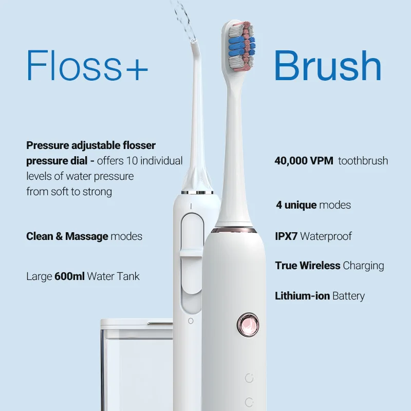 F5530C Flossing Toothbrush Pressure Sensor Sonic Toothbrush and Desktop Electric Flosser Water Floss Tooth Brush