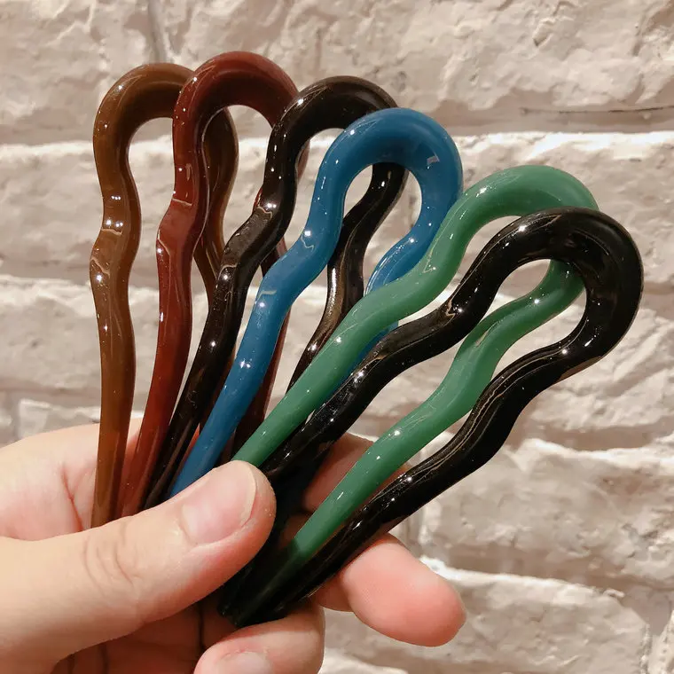 Women Hair Accessory Sticks Wholesale U Shape Acetate OEM Hair Sticks Custom Logo 2 Prong Hair Sticks For Ponytail Holder