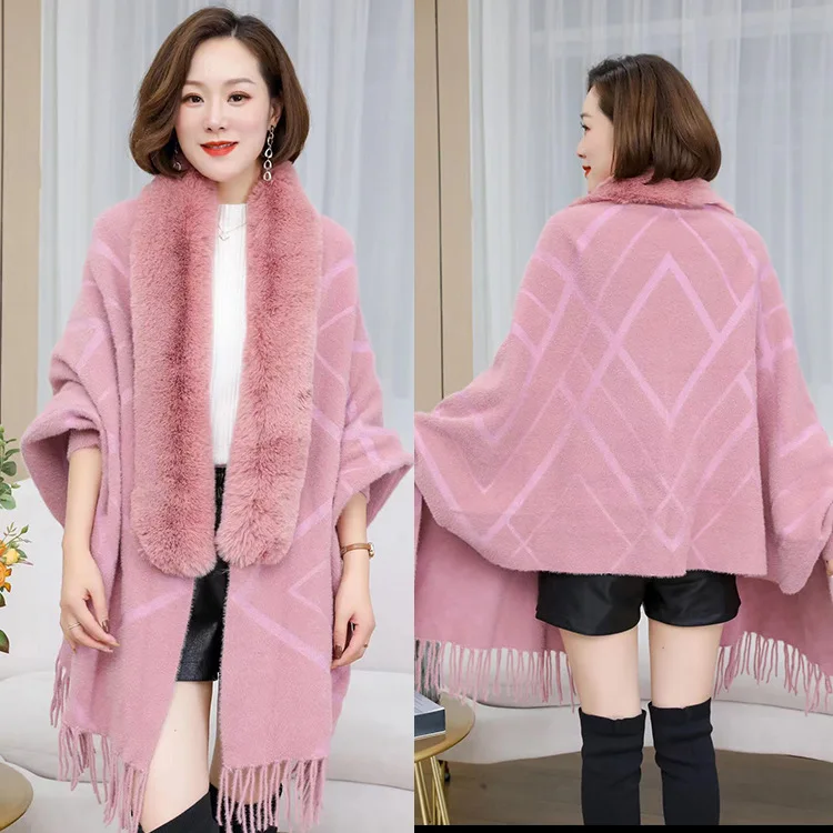 Warm Imitation Mink Fleece Knitted Shawl Monochrome Geometric Sleeves Imitation Rex Rabbit Cape Spot Fur Collar Tassel Shawl