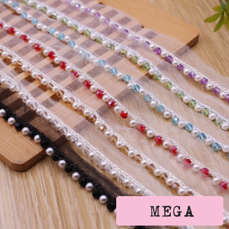 1cm Width Crystal Pearl Lace Trim Beaded Laces Various Colors Ethnic Garment Ribbon Glass Beads Dress Clothes Accessory