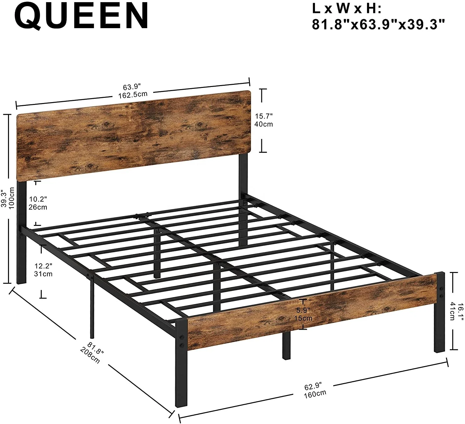 Wood Metal Bed Frame Queen Size Bed with King/Full/Queen/Twin Size