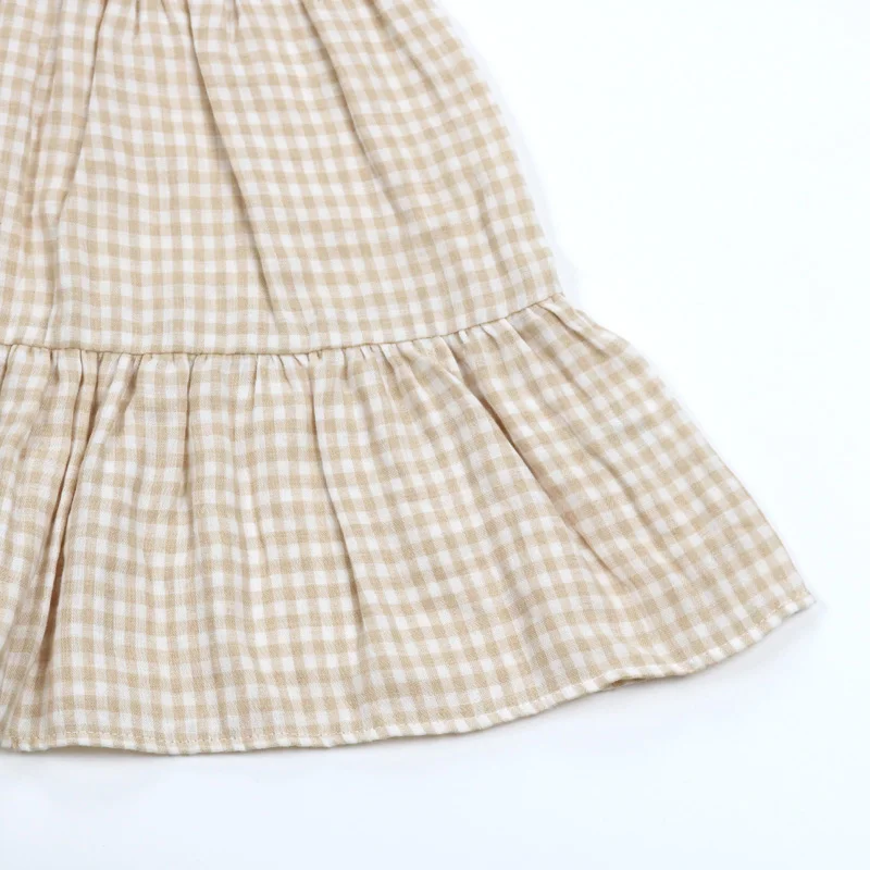 Fashion Child Spring Autumn Short Sleeve Dresses Baby Girls Gingham Maxi Skirt With Ruffles Kids Girls Dress