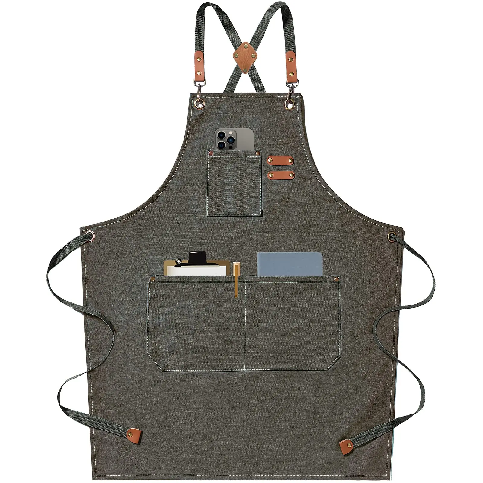 Custom Logo Chef Aprons for Men Women with Large Pockets Cotton Canvas Cross Back Heavy Duty Adjustable Work Apron
